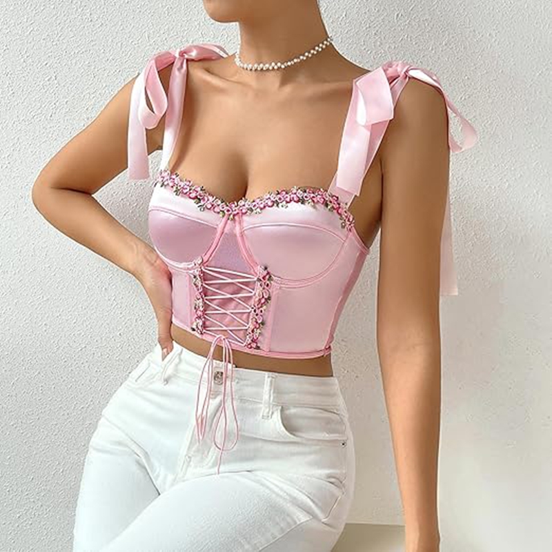 Women Flower Lace Satin Straps Lace-Up Underwire Fishbone Hot Girl  Corset Top